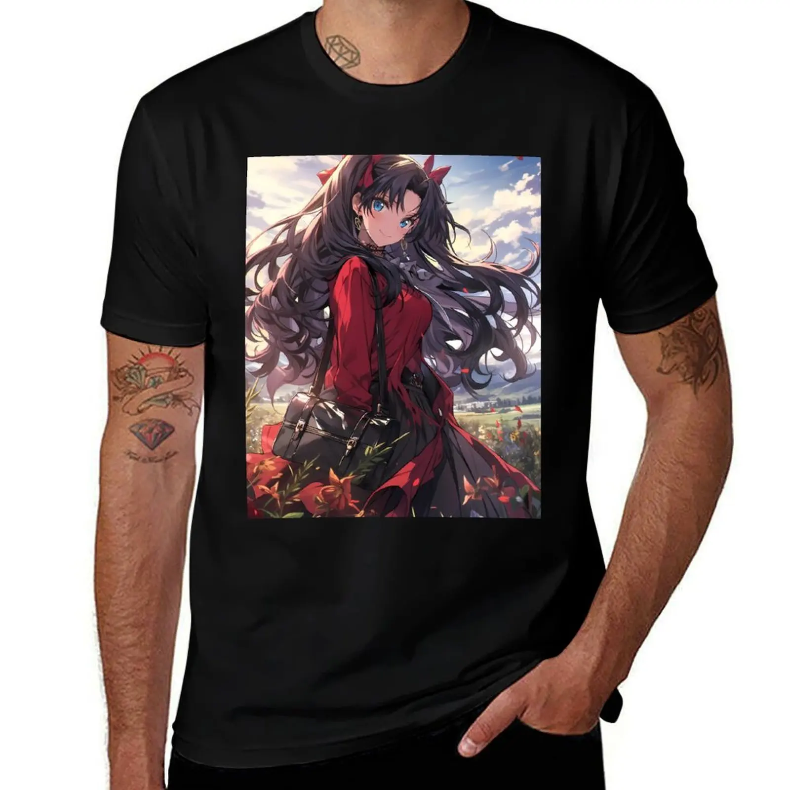 

Rin Tohsaka Fate Stay Night Anime Confident Mage Red Outfit Field Flowers T-Shirt T-shirts oversize mens white t shirts