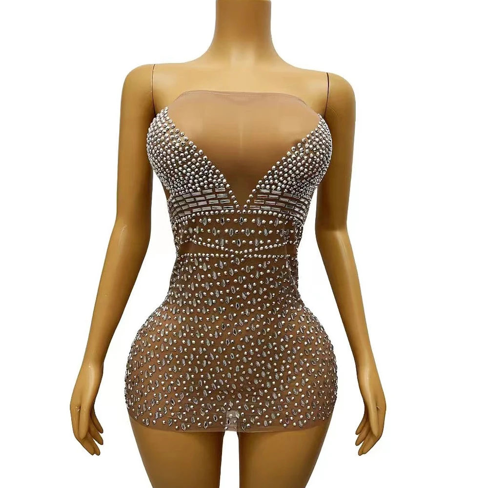 

Sexy Stage Shining Silver Rhinestones Transparent Brown Mesh Mini Dress Evening Outfit Birthday Celebrate Stretchy Costume