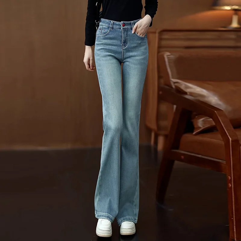 

Light Blue Fashion Denim Flared Pants for Women High Waist Autumn Versatile Slim Fit Bootcut Pants