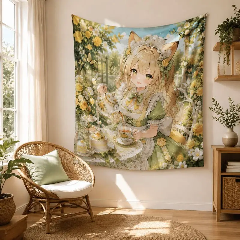 VIKAMA Forest Cat Maid Anime Tapestry Kawaii Nature Wall Hanging Pastel Girls Bedroom Dorm Decor