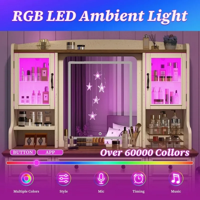 Meja Rias Besar dengan Cermin, Lampu LED, Lemari RGB, Set Meja Rias dengan 5 Laci dan 6 Rak Penyimpanan Meja Rias