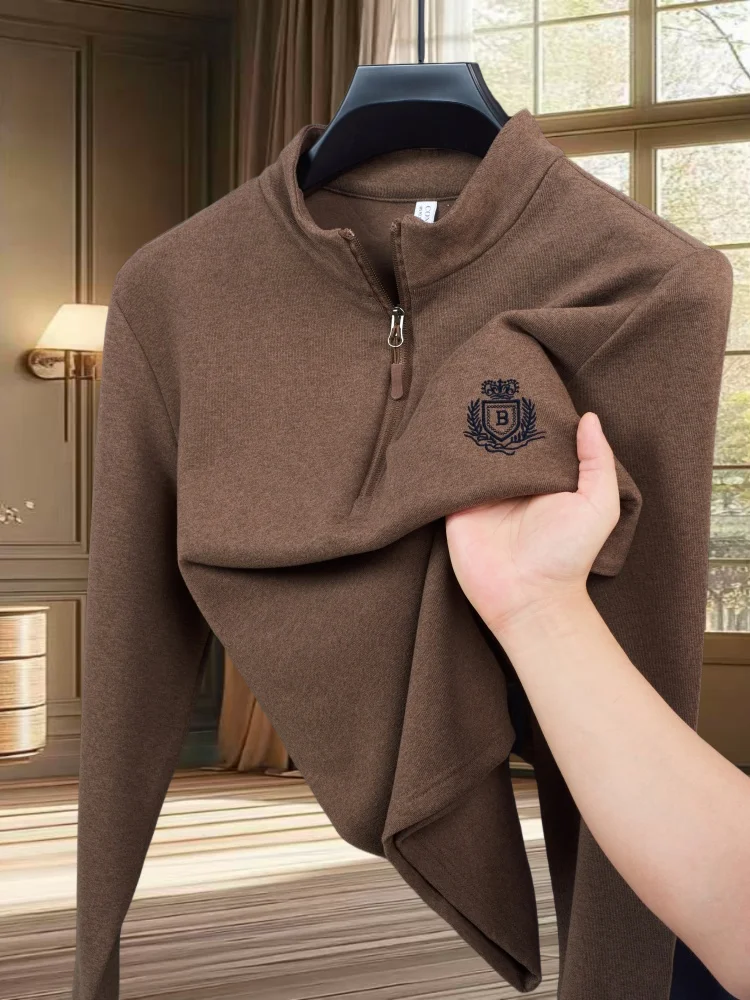 2025 الخريف الشتاء موضة جديدة مزدوجة الوجهين المخملية الدافئة ومريحة تي شيرت الرجال العلامة التجارية رائعة تاج مطرزة كم طويل