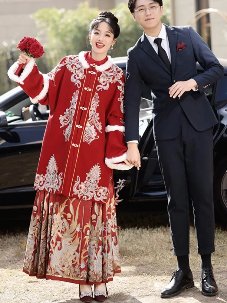 

Красное платье для тостов невесты в китайском стиле, шаль ханьфу, утолщенный свадебный комплект, возврат на помолвку