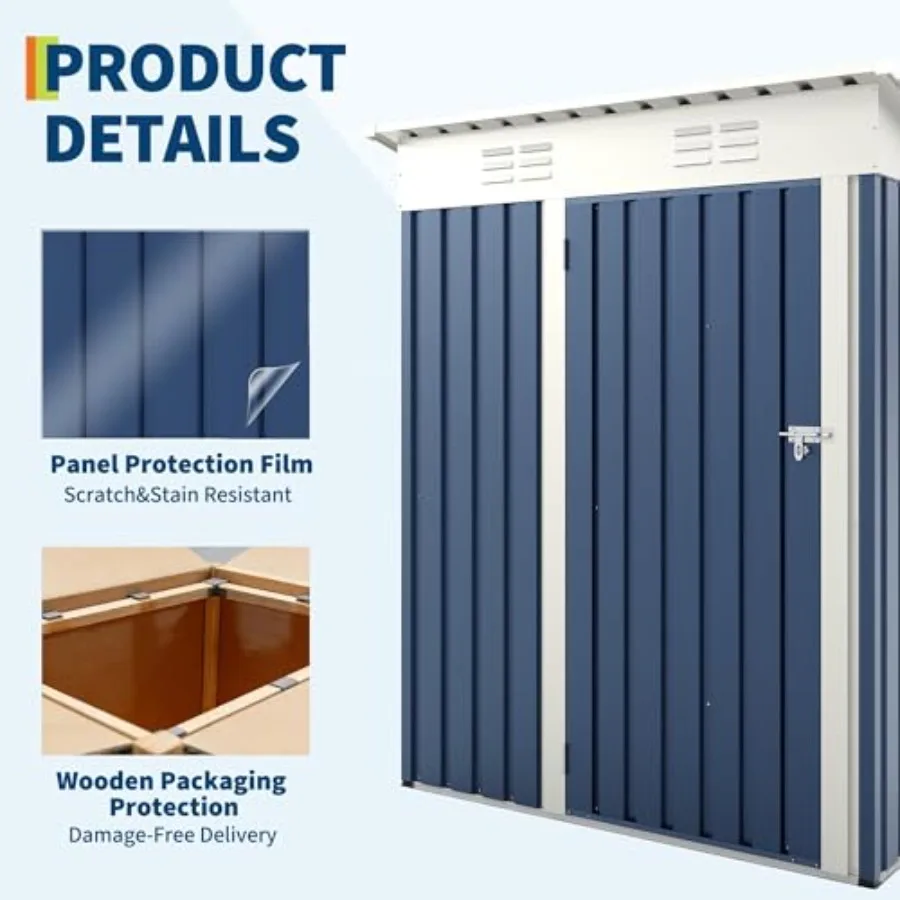 IDEAHOUSE 5x3FT Galvanized Steel Outdoor Storage Shed, Weather-Resistant Tool Organizer with Lockable Door Sloped Roof, Perfect