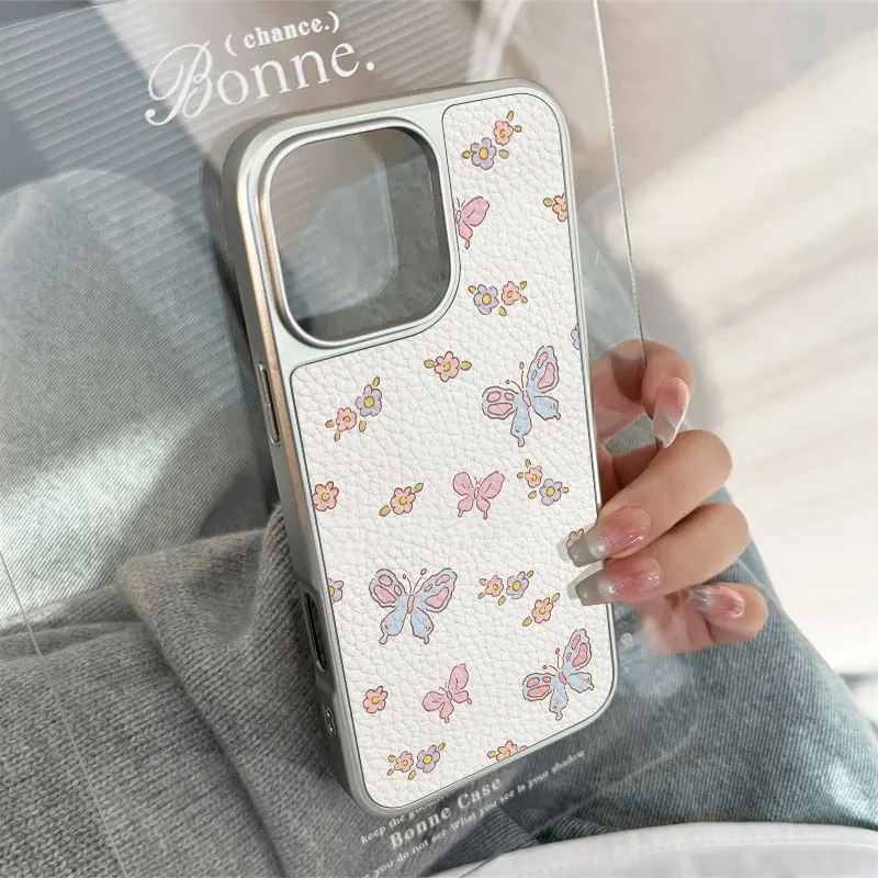 الفراشات والنباتات جراب هاتف آيفون 11/12/13/14/15/16/17 برو ماكس الهواء زائد الايبوكسي جراب هاتف نسيج جلد البولي يوريثان