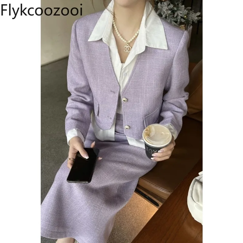 

Polo Neck Long Sleeve Patchwork Contrast Suit Coat Women High-waisted A-line Long Skirt Autumn Spliced Ladylike Premium Outfit