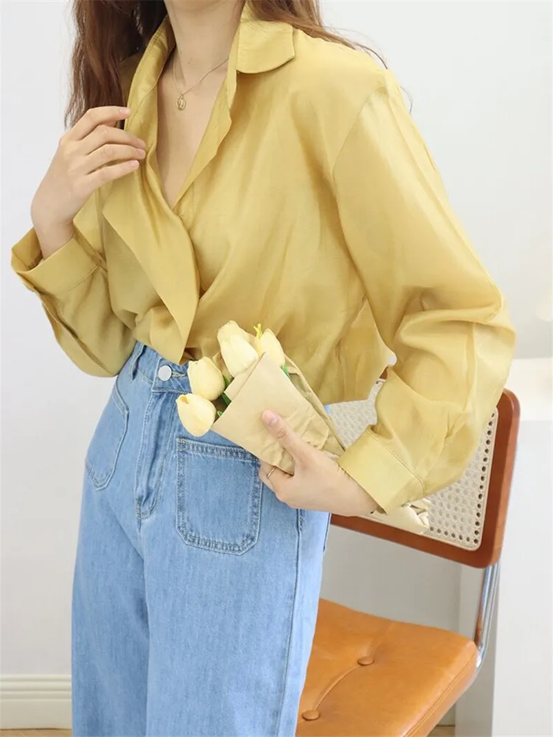 2024 New Spring Women Rayon Office Lady Smooth Lapel Wide Brimmed Shirts Temperament Simple Long Sleeve Thin Loose Tops Blouses