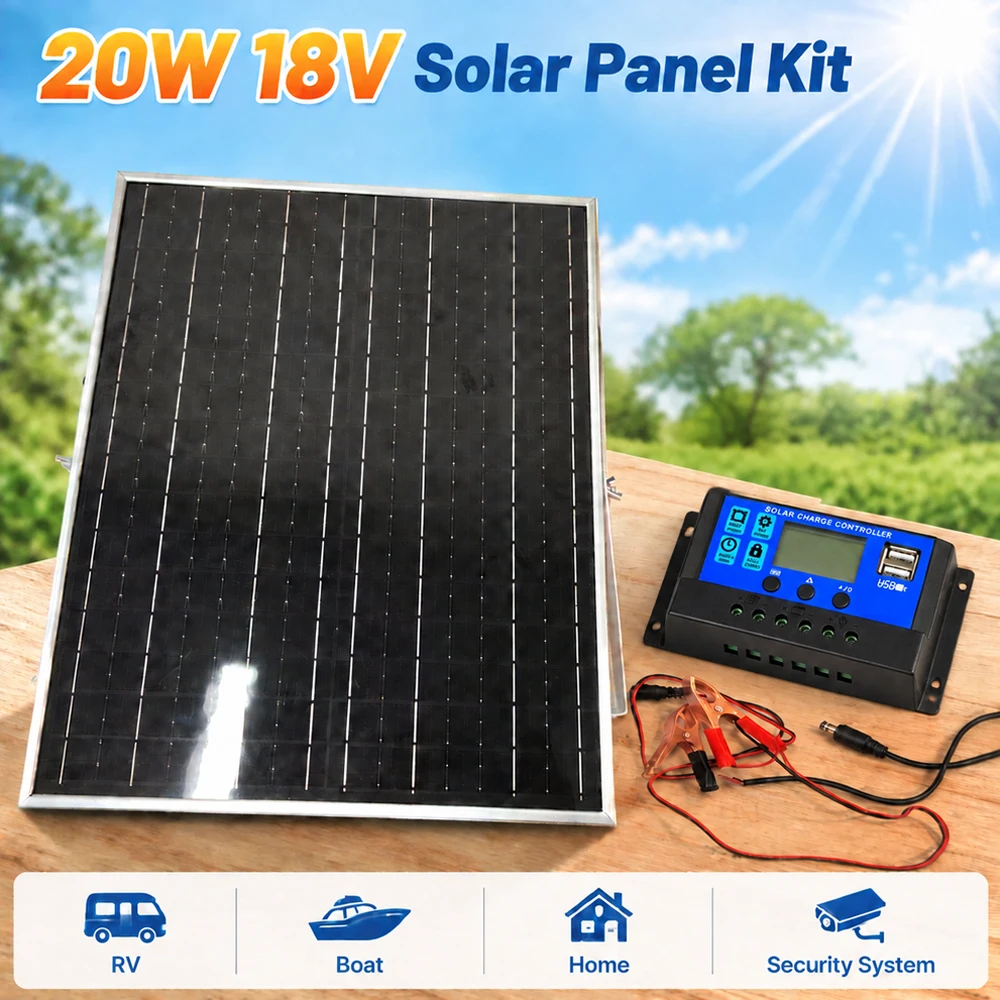 20W 18V Solar Panel Kit with 10A Charge Controller Portable Outdoor Rechargeable Solar Generator for RV, Boat, Marine, Camping, Car, Off Grid Solar Power Supply