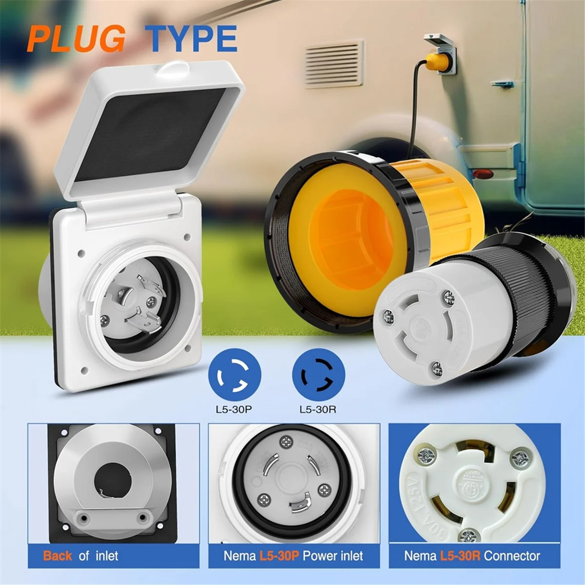 

Excellent! 30AMP RV Power Inlet Outlet Shore Power Kit W/Boot Cord Protector 125V NEMA L5-30P L5-30R Male Female Connector Plug