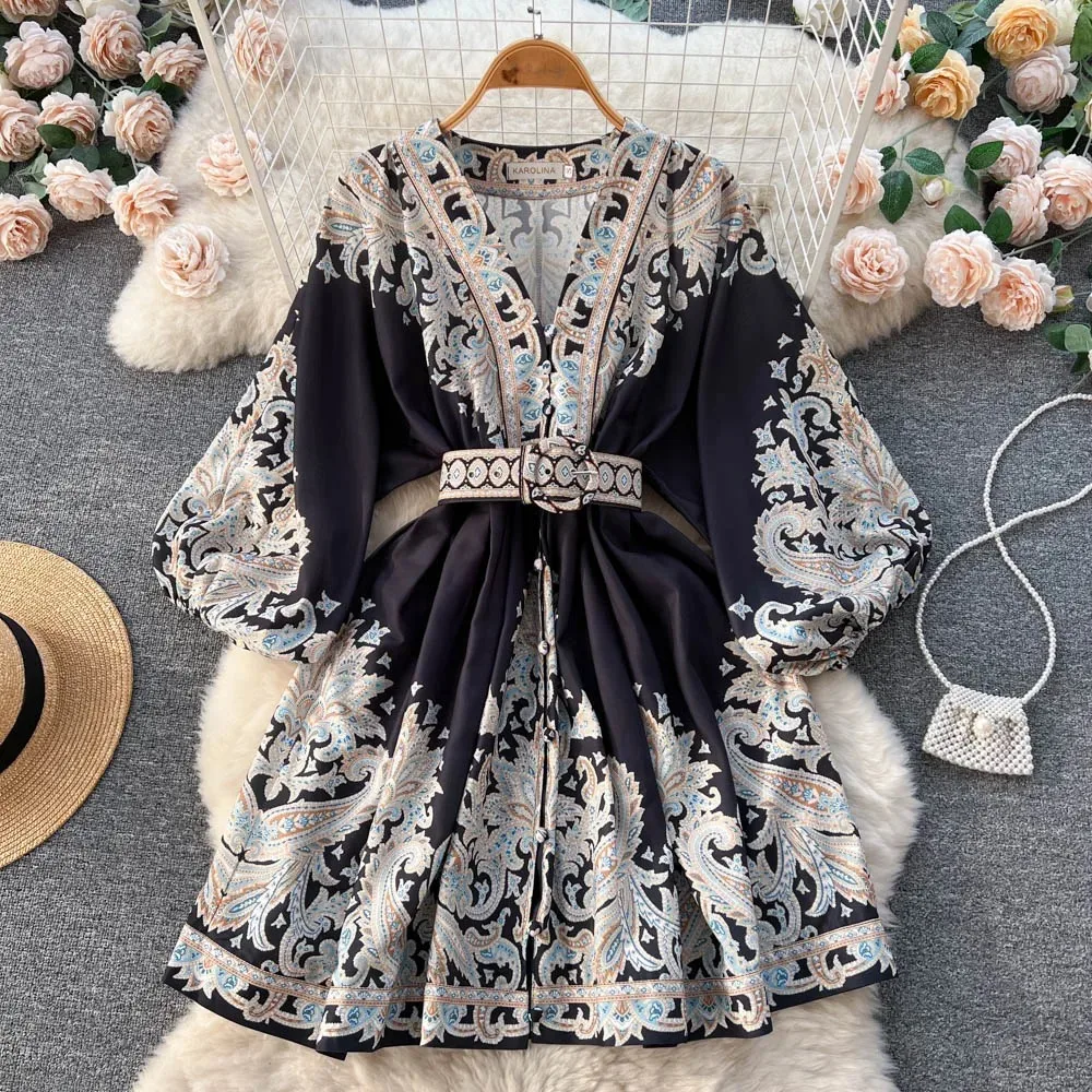 French Vintage v-neck Folds Belt Print lanter Sleeves Long Sleeves Single Breasted Dress Casual Women Fashion Autumn Short Dress