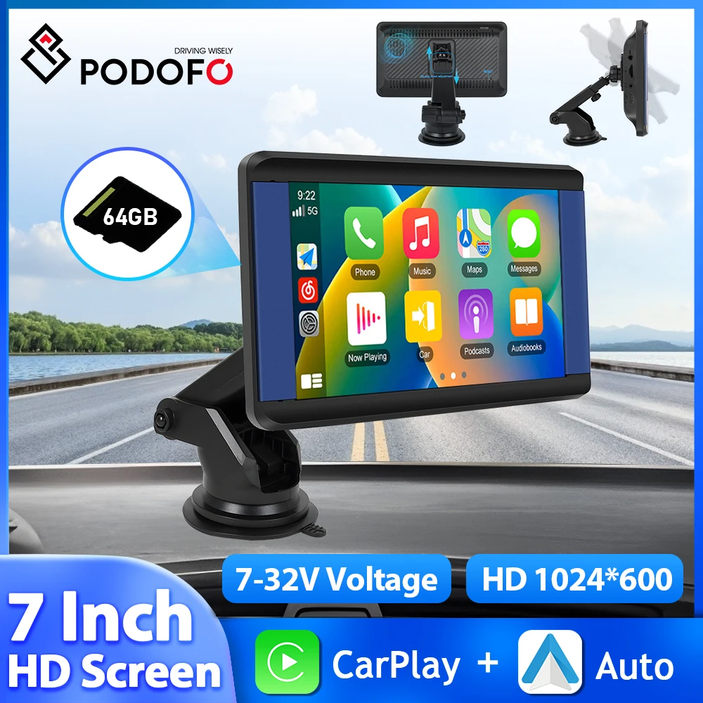 

Podofo 7'' Car Monitor Carplay Android Auto Multimedia Player Dashboard WIFI Bluetooth Smart Player Dash Cam Airplay Autolink