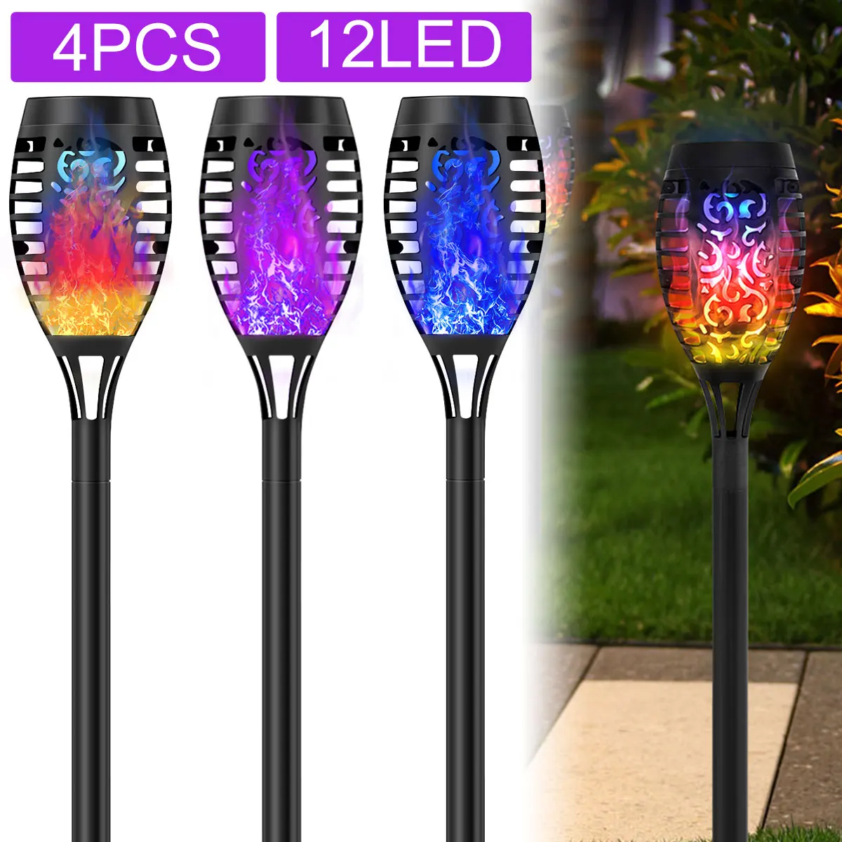 

4pcs Solar LED Torch Light Sunlights Flashlight Flame Lights Waterproof Garden Decoration Lantern For Patio Street Balcony Yard