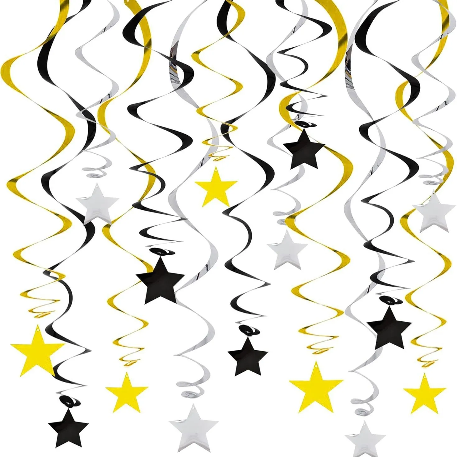 6/12/24 Stück Silberne Stern-Hängedekorationen Schwarze Goldene Spiralen zum Aufhängen für Abschlussfeier Hochzeit Babyparty Partyzubehör – Detail 3