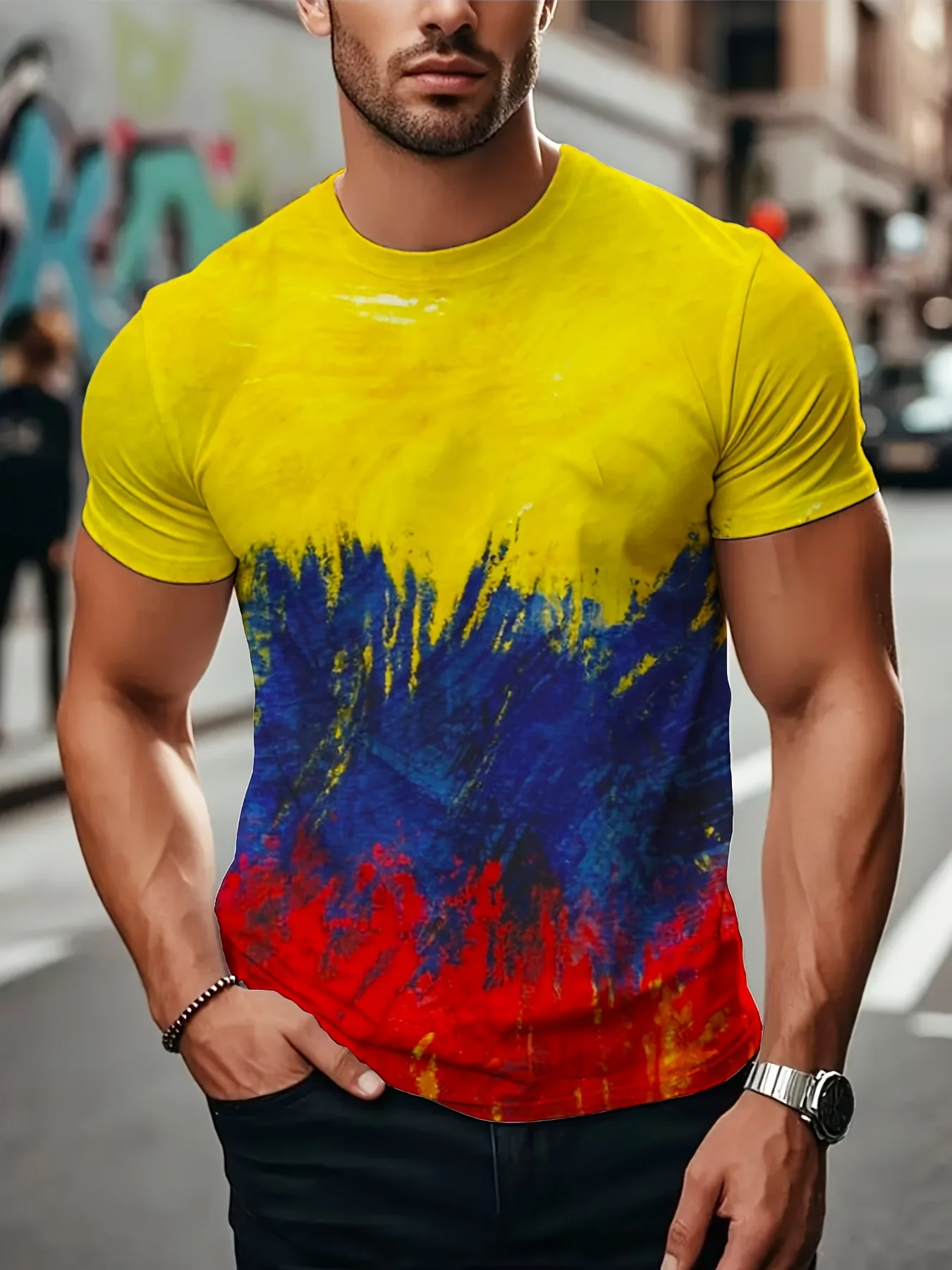 Men Quick Dry High Elastic Sport T Shirt Yellow Blue Red Brush Stroke Print Breathable Training Top