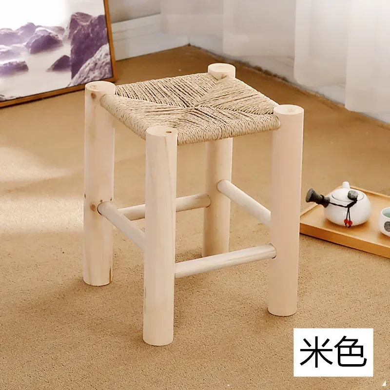 Wooden Woven Shoe Changing Stool Pine Stool Hand Woven Solid Wood Stool Non-slip Home Use