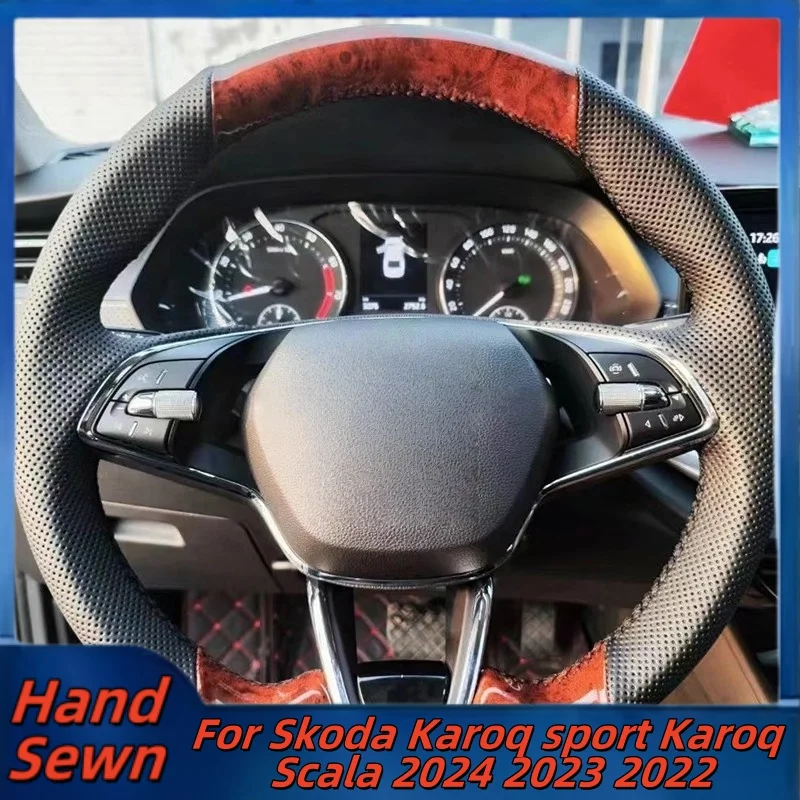 

Car Steering Wheel Cover Hand-Sewn Genuine Leather For Skoda Karoq Sport Karoq Scala 2024 2023 2022 Car Interior Accessories