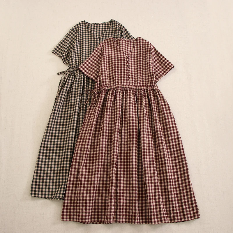 

Summer Japanese Mori Girl Vintage Plaid Cotton Dress Women V-neck Short Sleeve Casual Loose Drawstring Waist A-line Midi Dresses