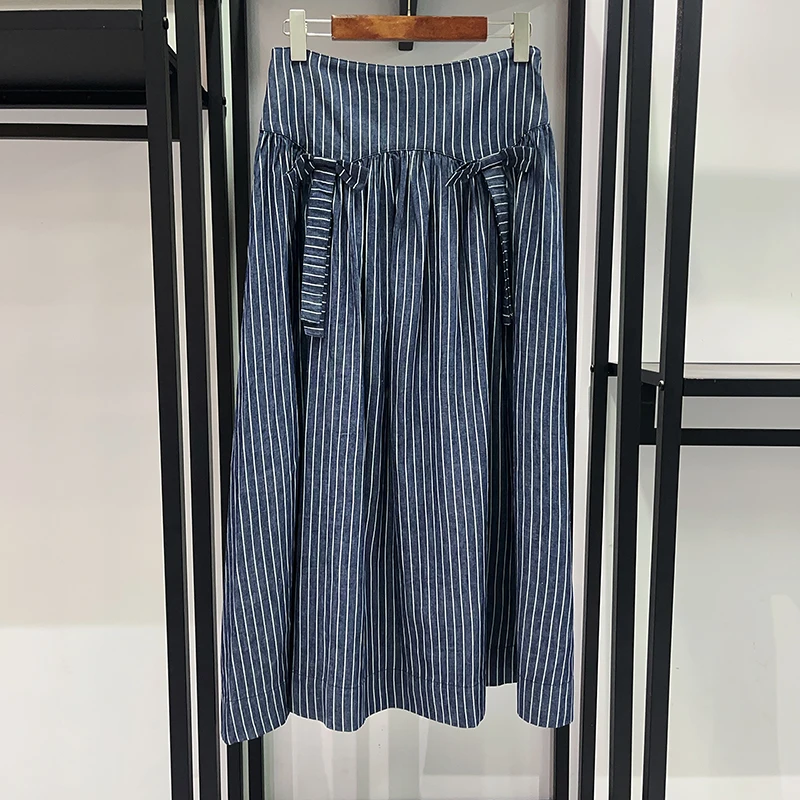 Women's 2026 Spring Summer French Style Striped Midi Skirt | High Waist Bow Decor A-Line Casual Skirt