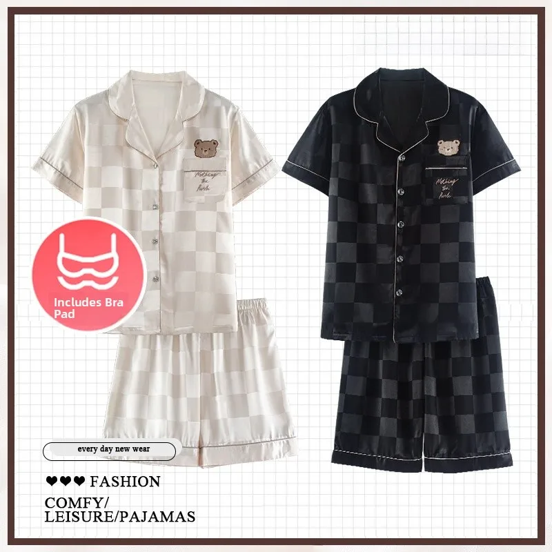 2024 New Ice Silk Sleepwear Short Sleeve Thin Home Clothes Set for Couples Summer Cute Women's Home Clothes Polyester Fiber