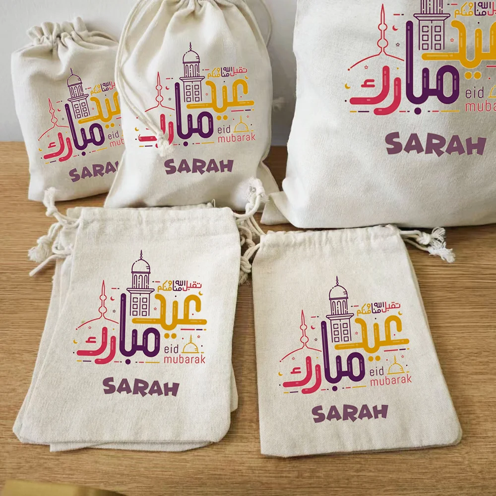 personalized Cotton Ramadan Gift Bags for kids boys girls Islamic Eid Iftar Favor Bag for Muslim Umrah Ramadan Decoration 2025