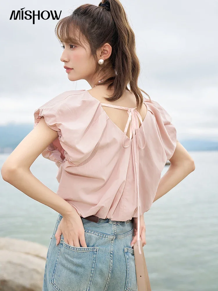 MISHOW Soft Blouses for Women Summer French Rear Collar Tie Up Solid Short Sleeve Solid V Neck Puff Sleeve Tops MXC38X1275