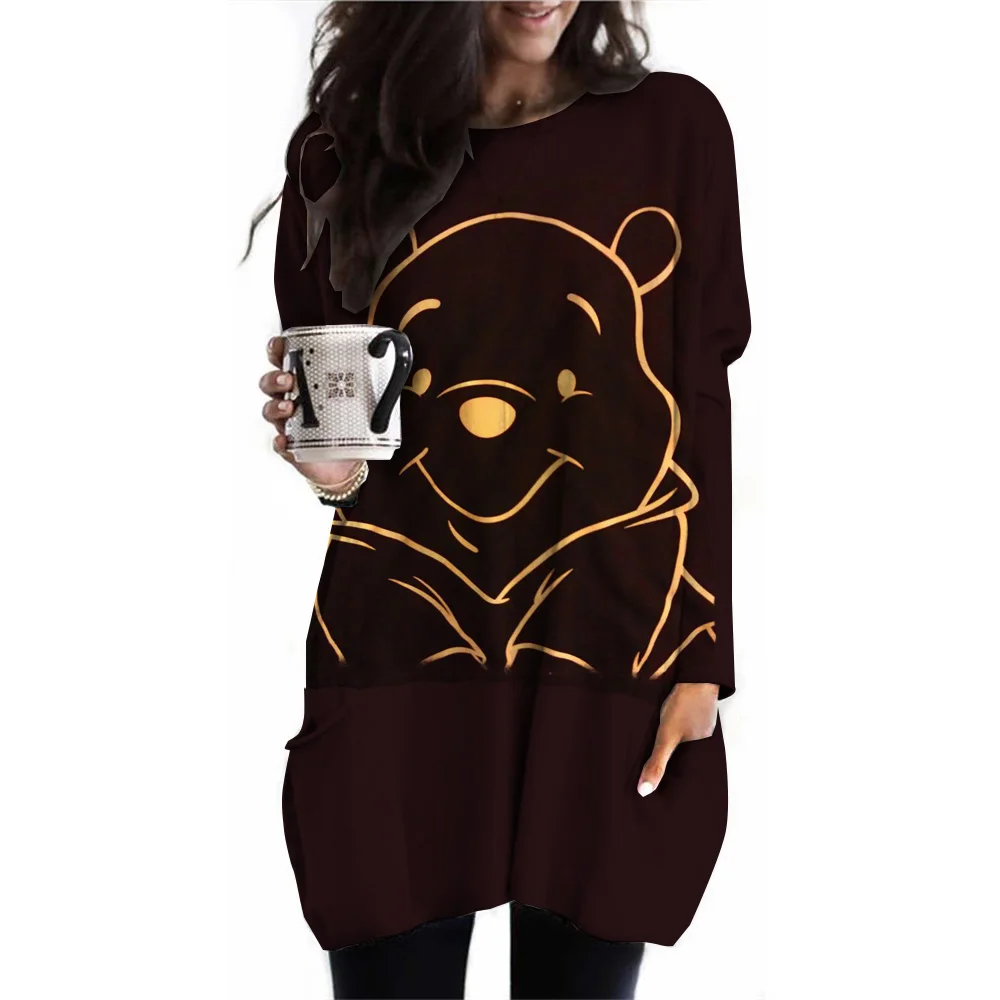 2024 Spring and Autumn Women\'s Daily Sports Shirt Disney Winnie the Pooh Long Sleeve Loose Casual Solid Color Fashion Hoodie Spo