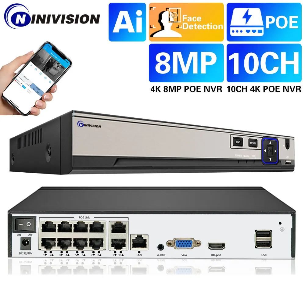 10Ch POE NVR H.265 Xmeye 4K videoregistratore a 10 canali con rilevamento facciale Audio Out Onvif P2P per telecamera IP di sorveglianza POE 8MP 5MP