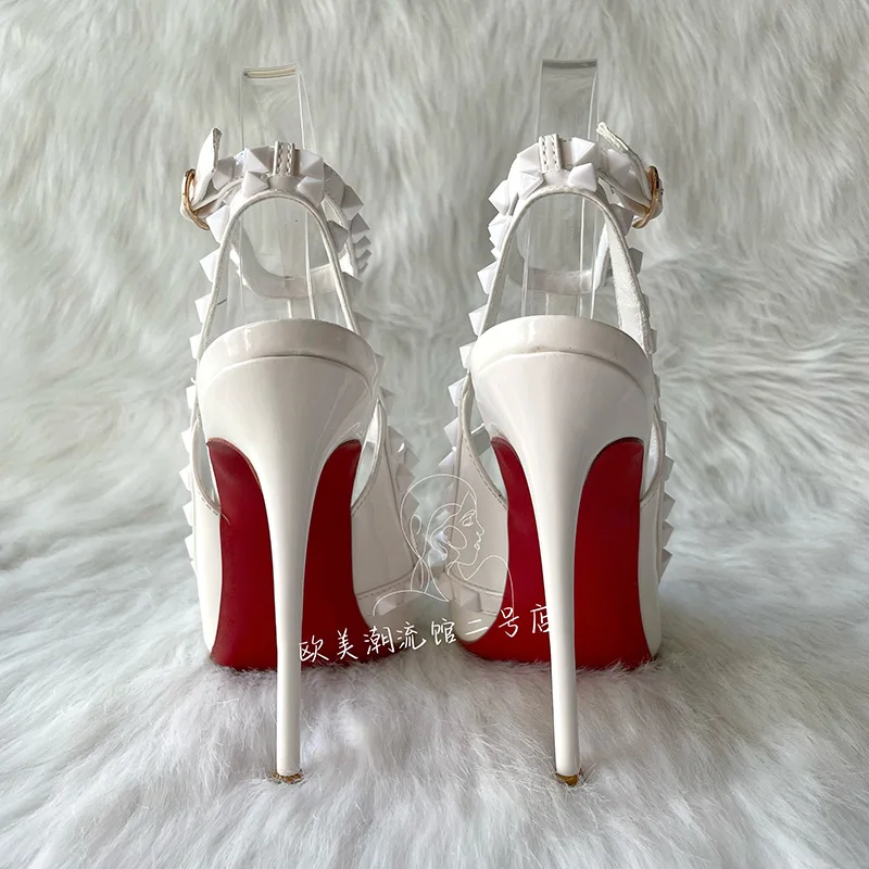 Duży rabat 2025 New Brand Designer Pure White Patent Two Stud Straps Women Lady Hot Small Plus Size 45 High Heel Slingback