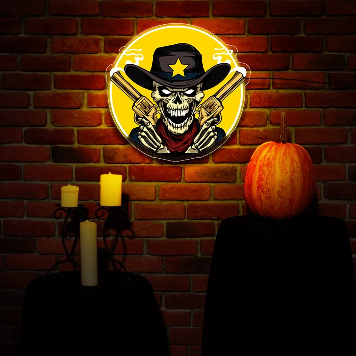 Howdy Crânio e Cowboy Neon Sign Hat, Dia das Bruxas, Cowboy, Parede esqueletal, Café, Parede, Arte, Decoração de paredes, Texas, Neon Sign Gothi