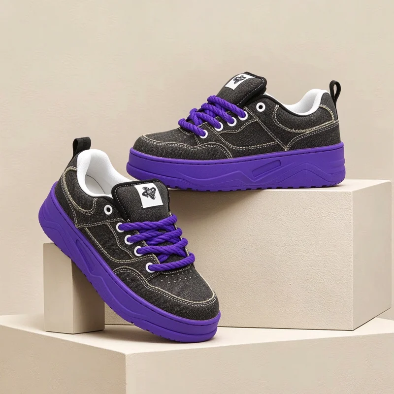 Black Thick Rope Shoelaces Casual Bread Shoes with Thick Sole Niche Design Trendy Skateboarding Shoe Dark Series