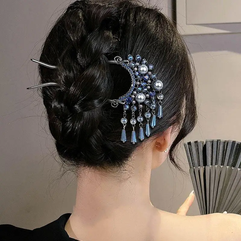 Chinese Style Teardrop Hair Stick for Women Cold Elegant U-Shaped Long Tassel