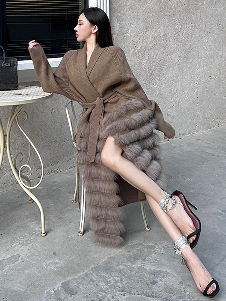 Hot Sale Women Real Fox Fur Knitting Loose Spring Natural Fox Fur Decoration Lady\'s Long Sweater Belt Coat