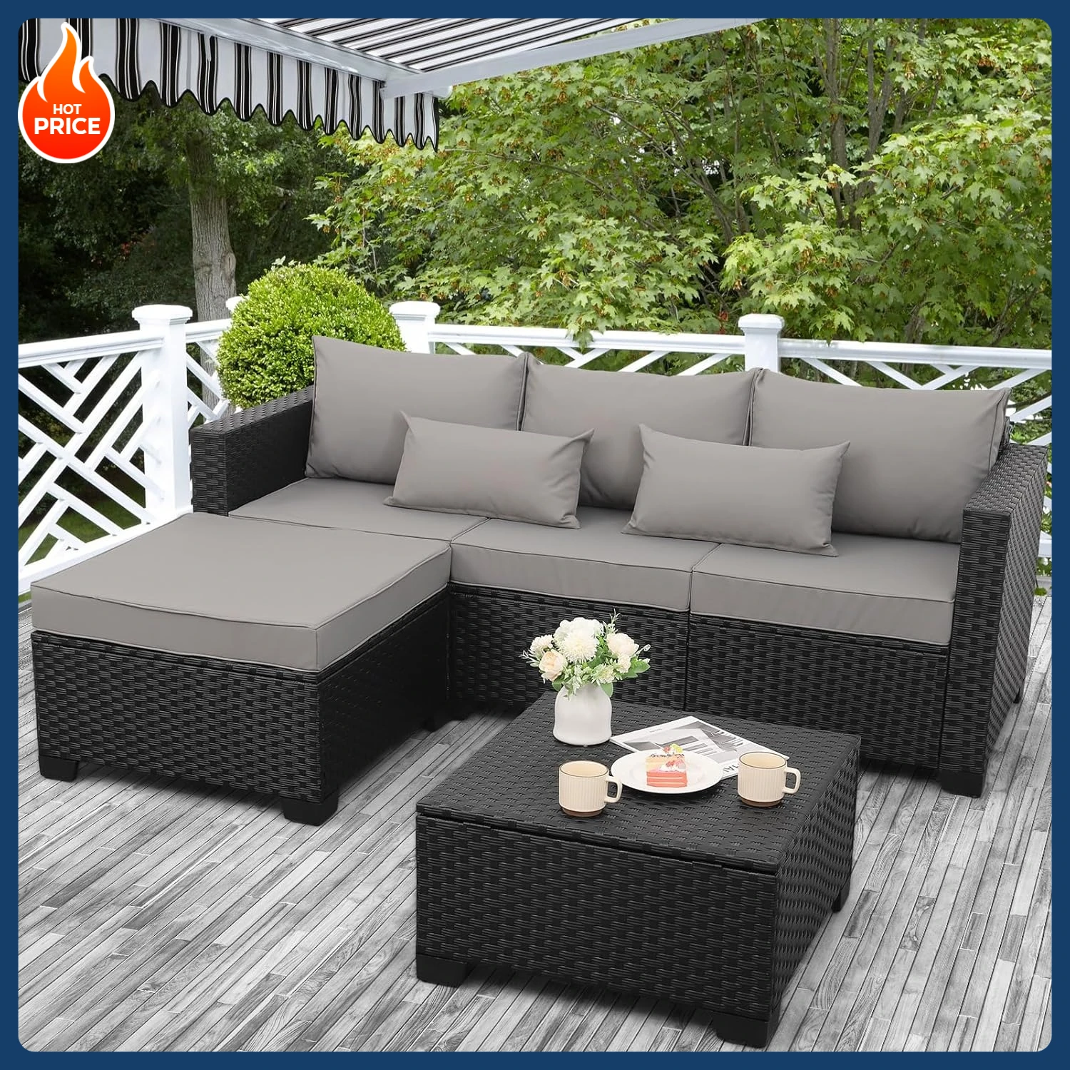 

[Лучший продавец! ] Комплект мебели для патио из 3 предметов, секционная плетеная мебель для патио, диван для патио с пуфиком и местом для хранения на открытом воздухе