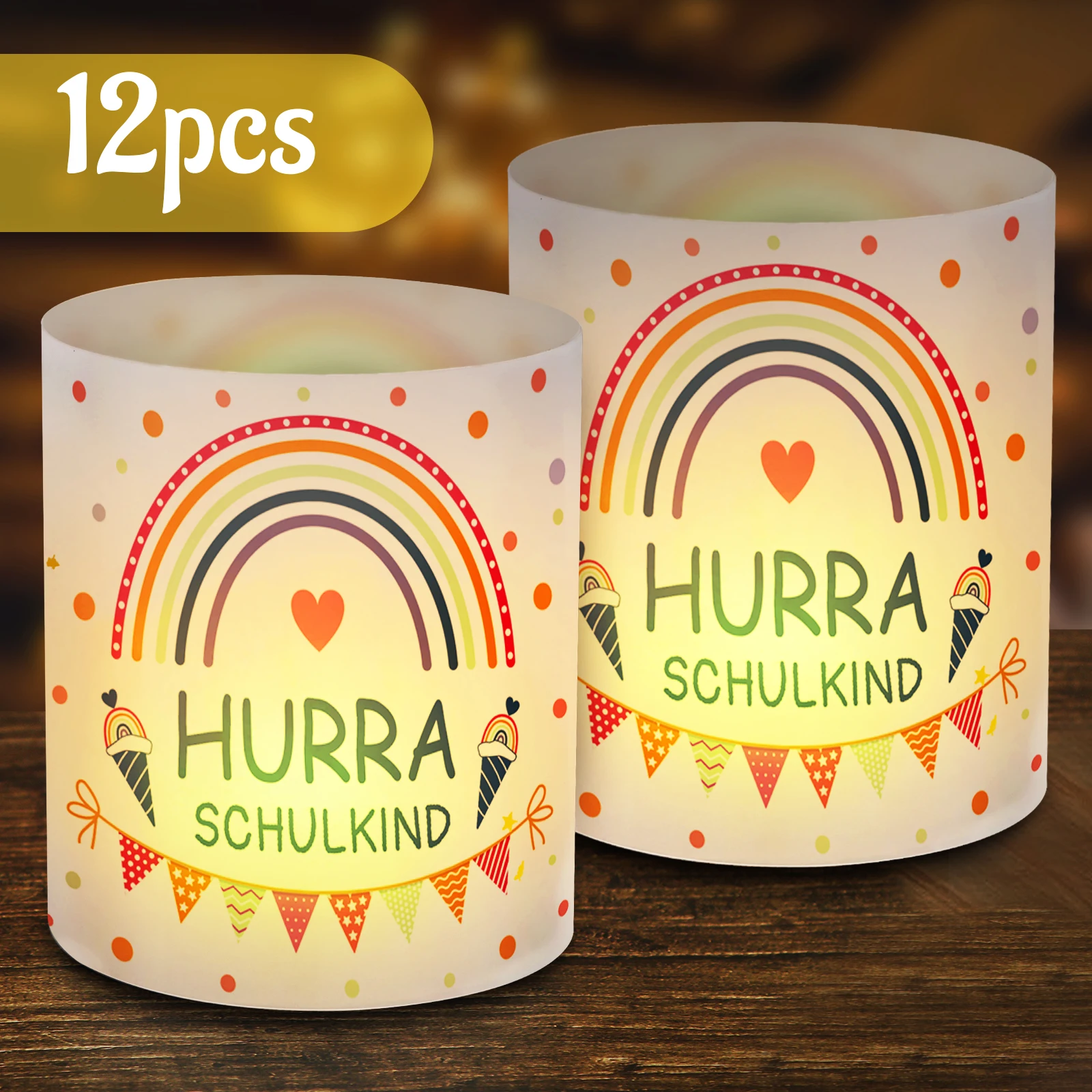 12pcs Hurra Schulkind Theme Lampshade Cute Love Ice Cream Polka Rainbow Pattern Table Decoration on the First Day of School, Sch