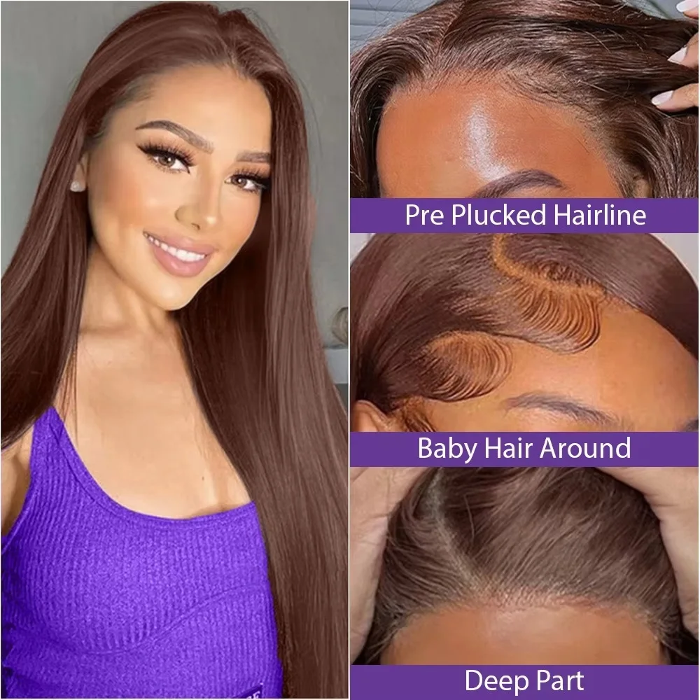 28 46 Inch Bone Straight 13x4 HD Chocolate Brown Lace Front Wig Brazilian Pre Plucked #4 Color Human Hair 200% Density 13x6 Lace Frontal Wigs For Women
