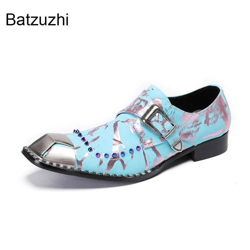 Batzuzhi Light Blue Men's Shoes Square Toe Leather Dress Shoes Man Fashion Business, Party and Wedding Shoes Footwear!