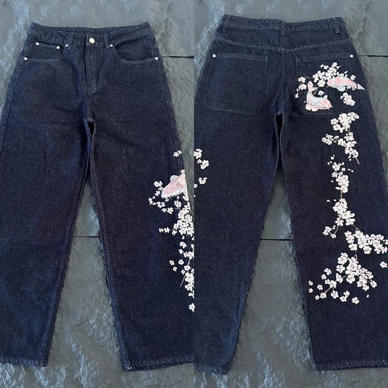 Embroidery Jeans Sakura - 신상품 DERSCHUTZE 남성 와이드 레그 진