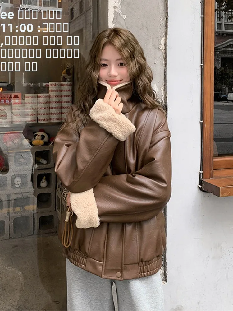 Thiened ort ラムファージャケット レディース 冬用アウター レトロ PU レザーコート 暖かい カジュアル ルーズフィット ジッパー開閉 カラー
