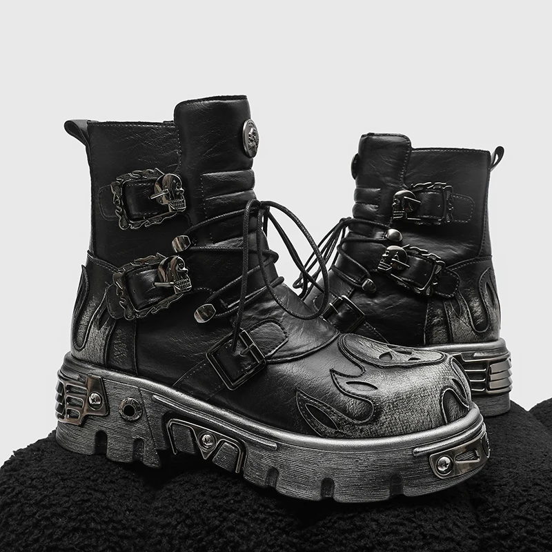 Men Height Increasing Punk Style Skeleton Flame Metal Buckle Thick Bottom High-end Cool  Fashionable Motorcycle Boots, view 6