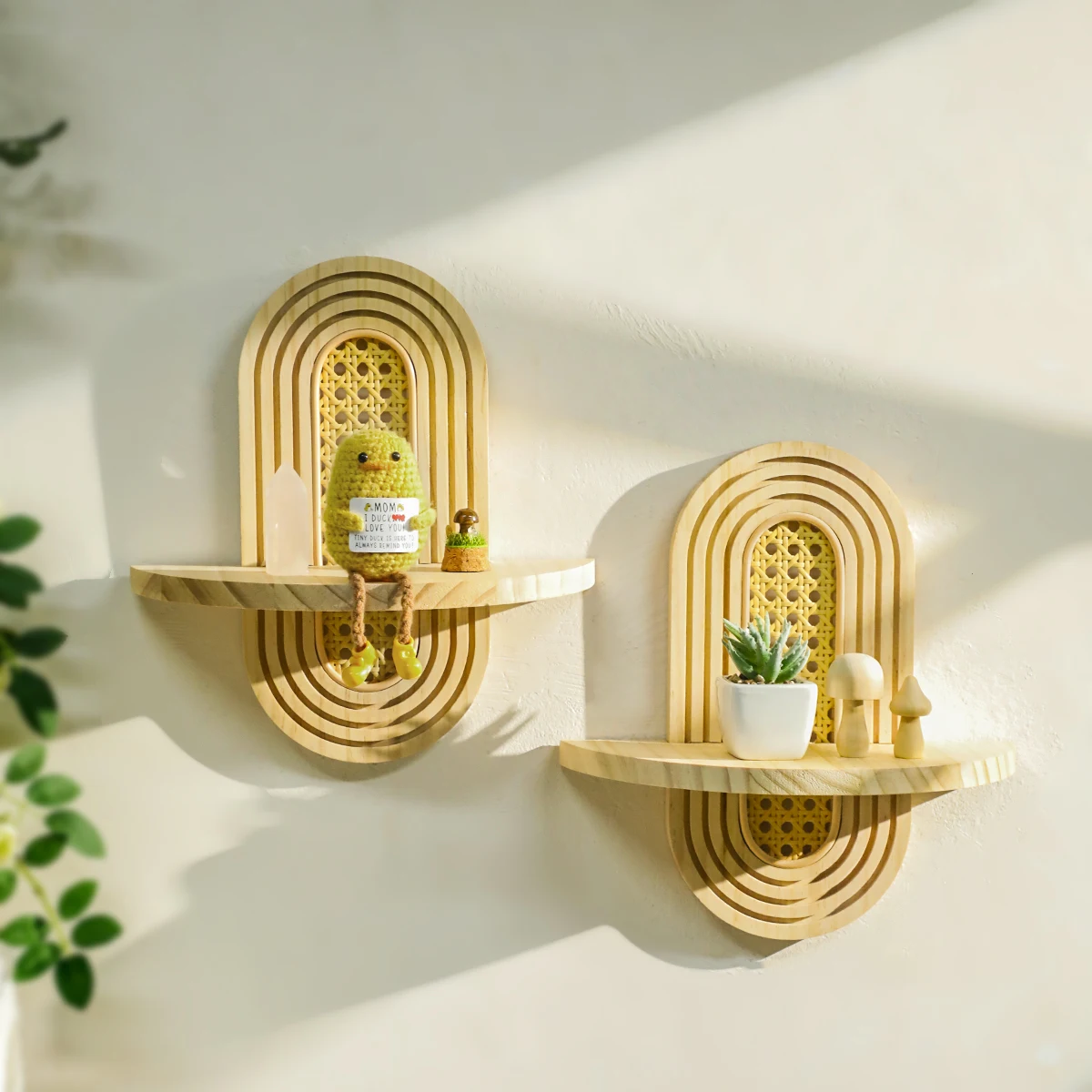 1pc Floating Shelf Wooden Wall Shelf with Rattan Inlay Rustic Boho Style Plant Display Stands for Bedroom,Living Room,Home Decor