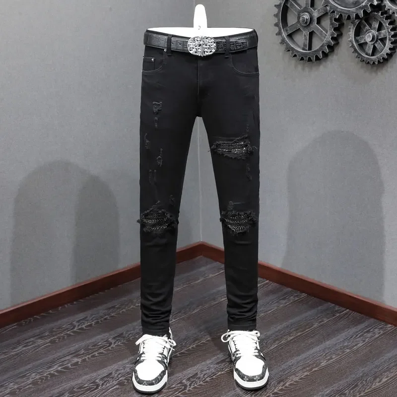 Street Fashion Men Jeans Black Stretch Punk Trousers Skinny Fit Ripped Jeans Beading Patched Designer Hip Hop Brand Pants Men