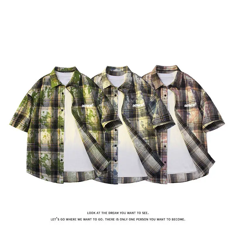 Loose Fit Comfortable Plaid Shirt Mens Casual Checkered Tie Dyed Top Soft Touch Relaxed Stylish Fashion Trending New Style 2025