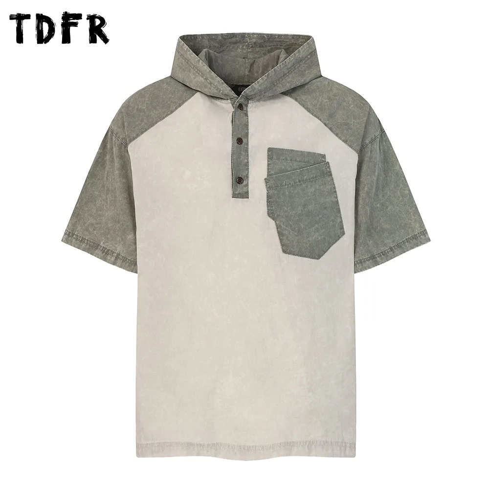 Patch Pocket Hooded Short Sleeve T-shirt Mens Spliced Summer Retro Washed Distressed Loose Raglan Sleeve Tee Man Tshirt