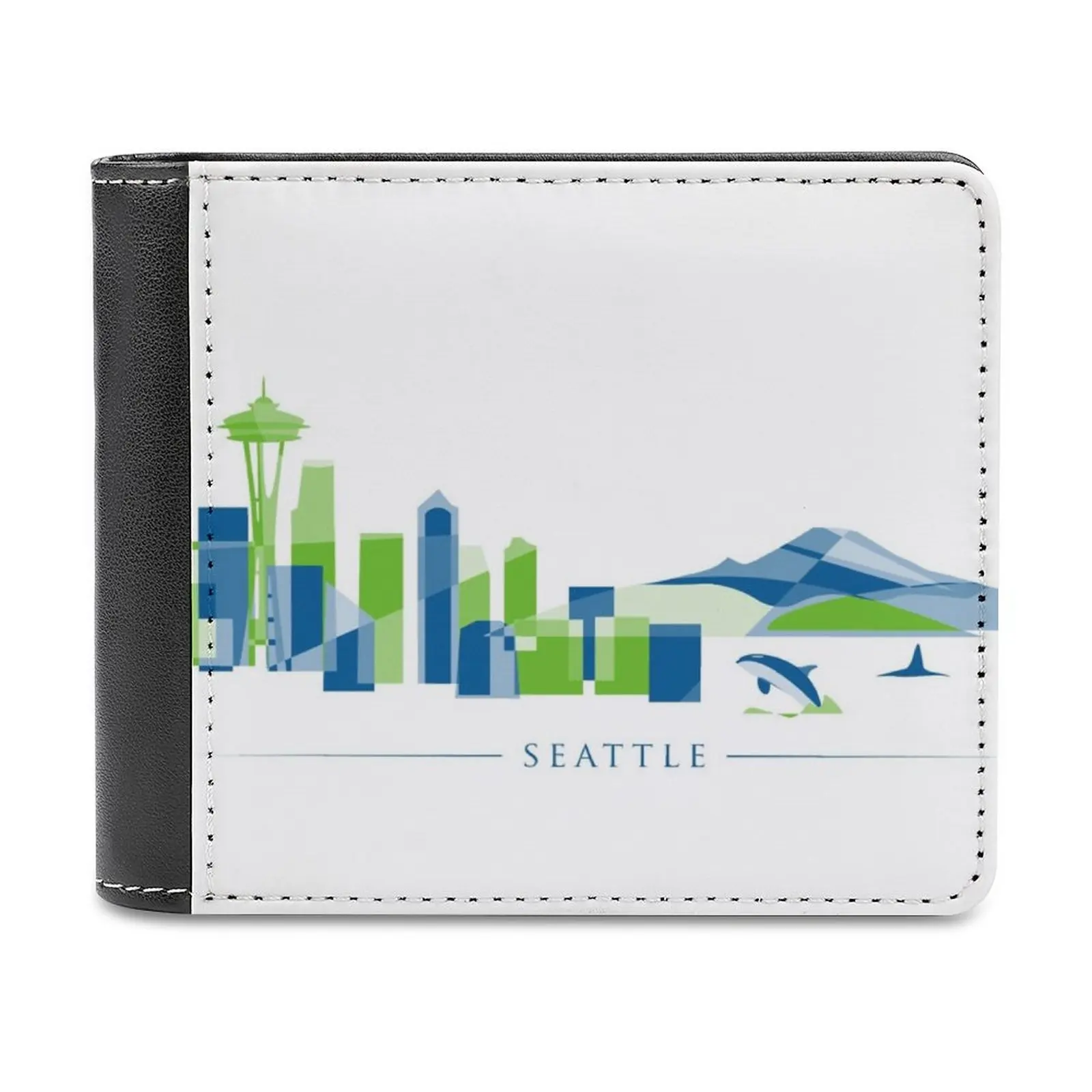 

Skyline With Space Needle Mt. Rainier And Orca In Colorful Green Men Wallet Pu Leather Short Male Purses Credit Card Wallet For