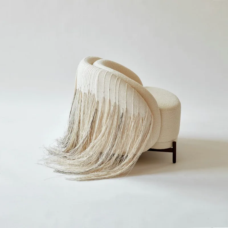 Modern unique fabric upholstered fringed armchair villa living room metal recliner with fringed accent chair