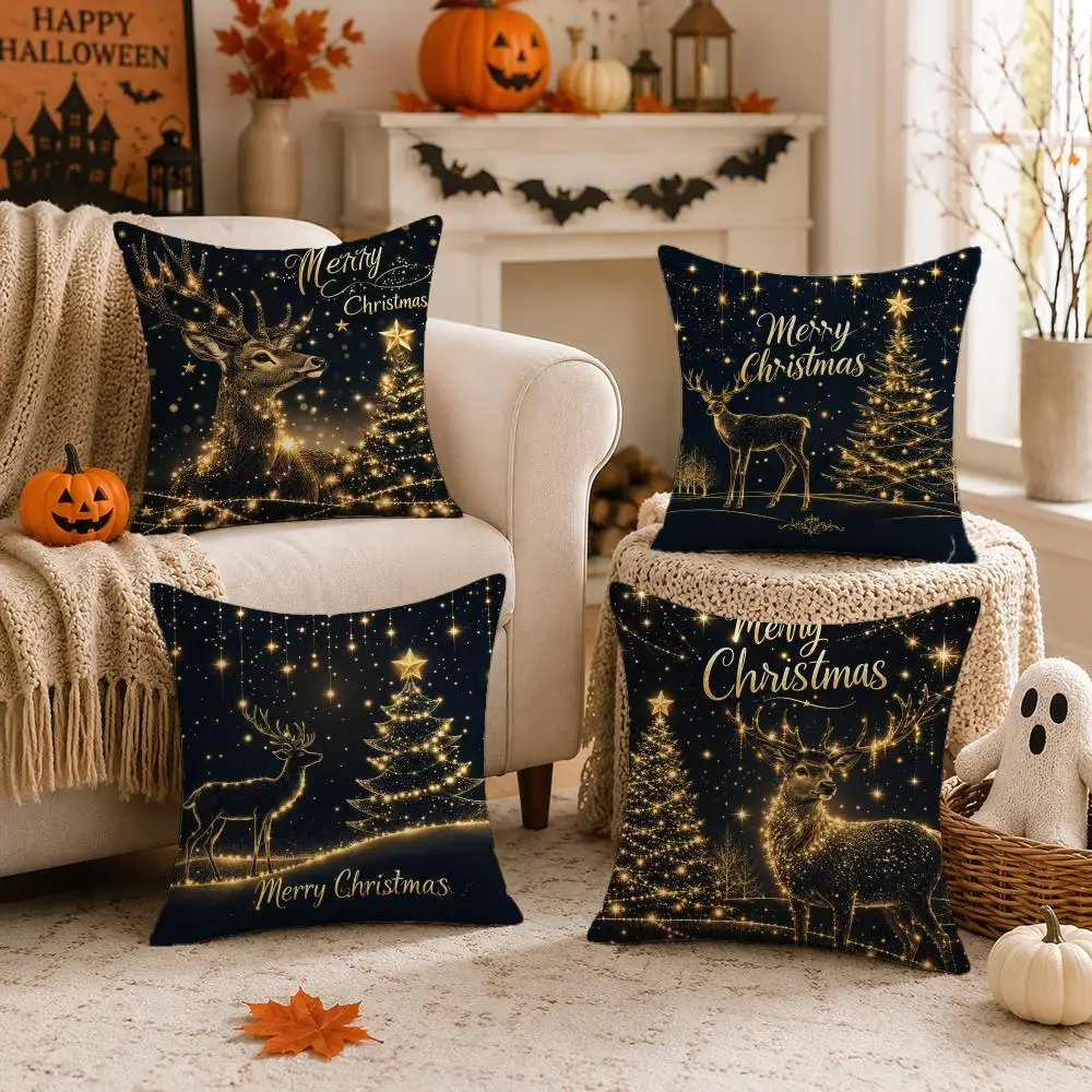 Midnight Golden Noel Cushion Cover 1/4PCS Short Plush Pillow Cover Set Soft Decorative Cushion Case for Sofa Bed Home Decor