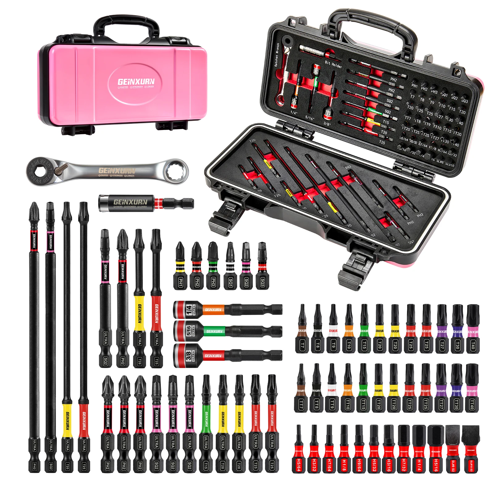 Geinxurn 66Pcs Tools Set Packaged,Impact Screwdriver Bits, Nut Driver, Mini Ratchet Wrech and Impact Bit Holder for Home Repairs
