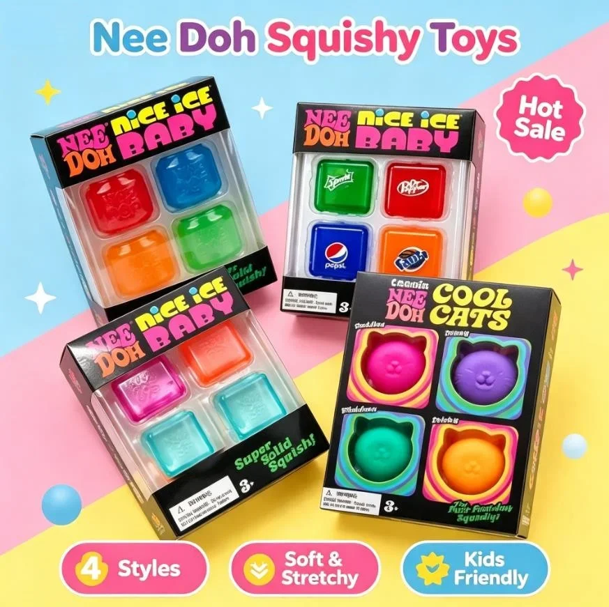 4-piece NeeDoh Nice Cube Soft Rubber Squeezing Stress Relieving Block Sensory Pinching Toy Anxiety Artifact