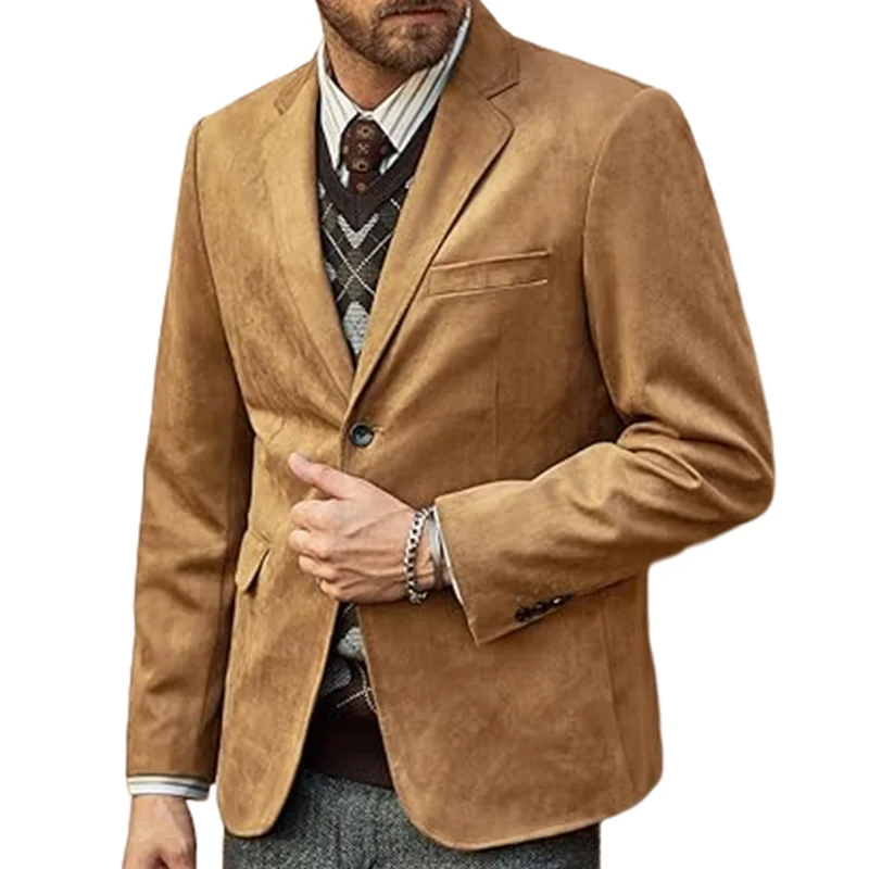 Men\'s Autumn Blazers Casual Suit Suede Jacket Lined Vintage Men\'s Office Jackets Streetwear Euro Size Coat Men\'s Clothing M-2XL