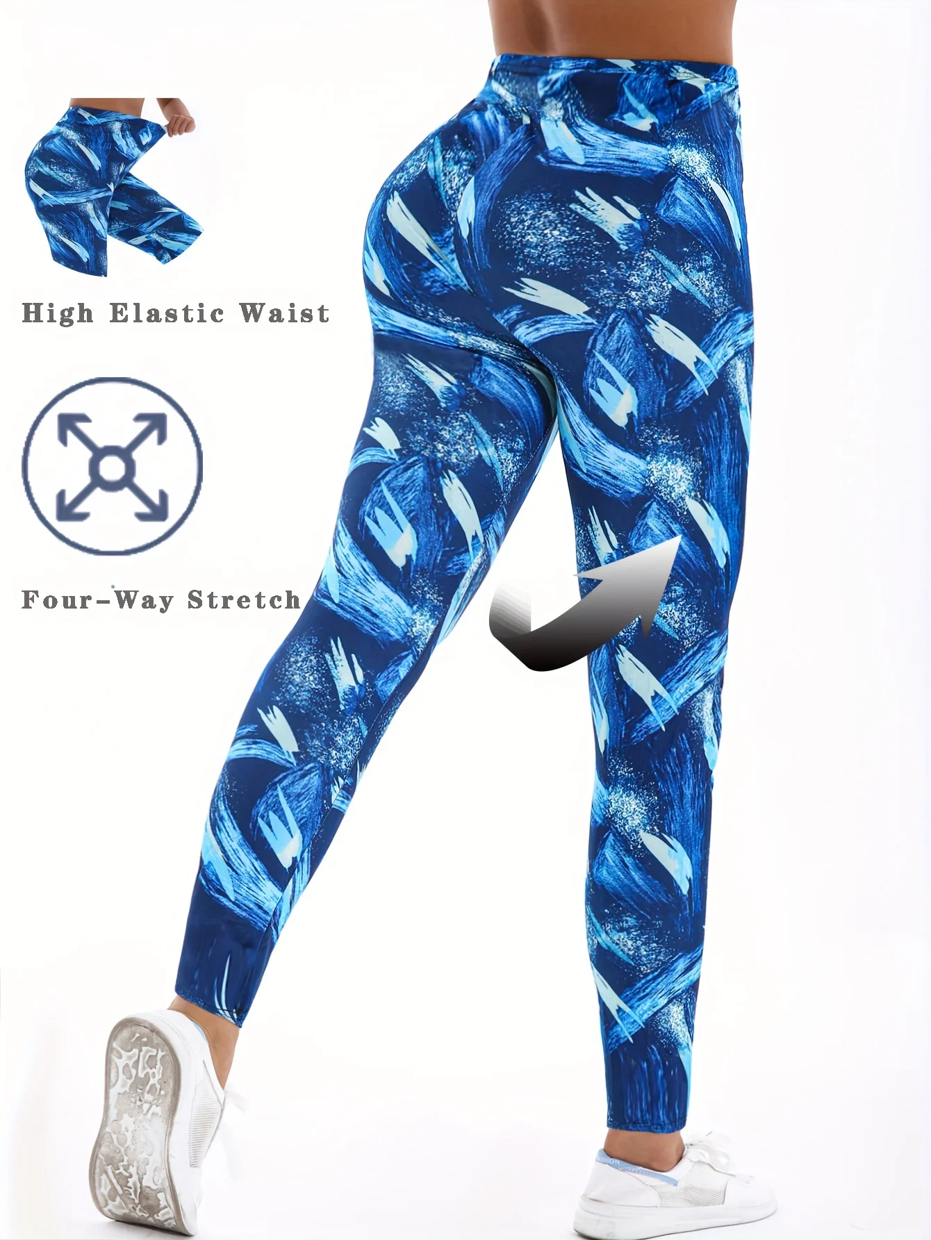 기하학적 캐주얼 타이트 핏 여성 바지, 블루 화이트 팬텀 프린트, 건강한 키에 적합한 스트레칭, 러닝 스포츠 운동